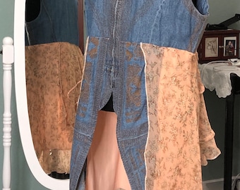 Embroidered Denim Duster Vest: Upcycled Peach Skirt, Ruffled Tier - XL