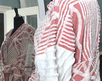 Womens Vintage chenille kimono robe rust white stripe handmade plus size