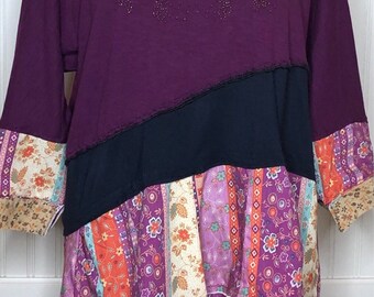 Womens tunic dress burgundy blue bling Patchwork flare tee cotton patchwork print upcycled tee  size L to XL pockets embroidery