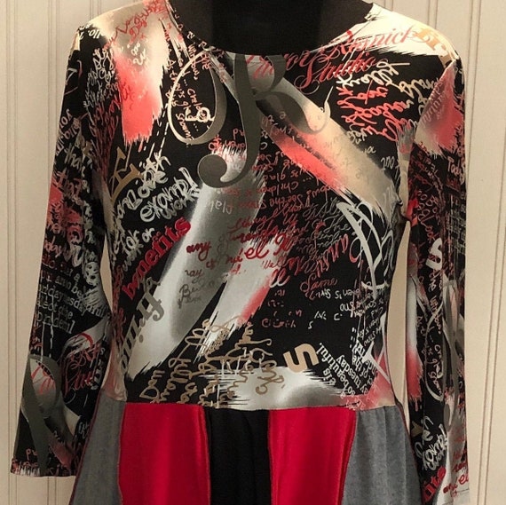 Upcycled Empire Waist Tunic Dress: Graphic Art Print, Pockets, Size M/L Upcycled Empire Waist Tunic Dress: Graphic Art Print, Pockets, Size M/L