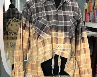 Upcycled bleach faded flannel shirt; gray, crop top, high low hemline, vintage crochet trim