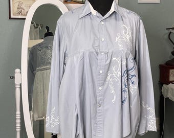 women’s upcycled light blue white shirt tunic cotton pleated plus size shirt rodeo wear back white lace ruffled pearl snaps