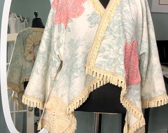 Womens handmade kimono crop French fold shrug jacket cream aqua toile cream fringe trim vintage crochet appliqué pocket upcycled plus size