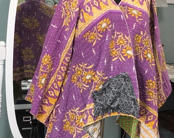 Women’s shrug jacket handmade kantha reversible purple orange sunflower cotton quilted short jacket reversible easy fit free size