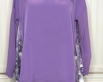 Women’s purple tunic long sheer sleeves abstract print hanky hem sides two pocket tunic upcycled purple top long flowing tunic XL tunic