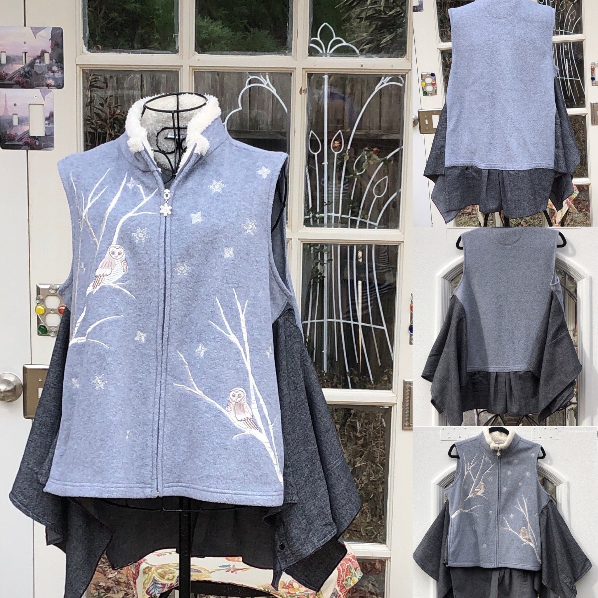 Womens Gray Fleece Vest Owl Embroidery Gray Shirting Side Etsy