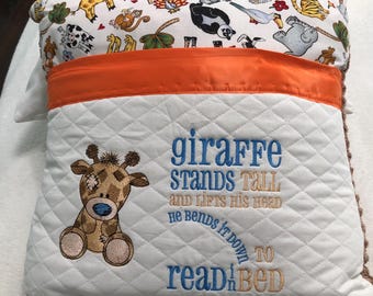 Pocket pillow embroidered child reading pillow embroidered giraffe zip close satin trim giraffe animal print cotton tan vintage chenille