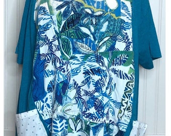 Womens Aqua green white Hawaiian flowered tunic dress Assymetric hem half sleeve plus size 2X tunic soft cotton upcycled tee