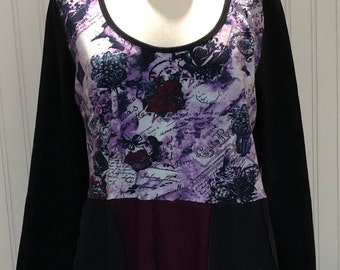 Womens empire waist dress tunic Purple black blue roses print flare tee tunic upcycled tee french theme print bling size L large pockets