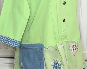 Women’s lime green upcycled jacket denim duster blue green flowered cotton ruffled hem blue vintage lace XL denim pockets blue gingham trim