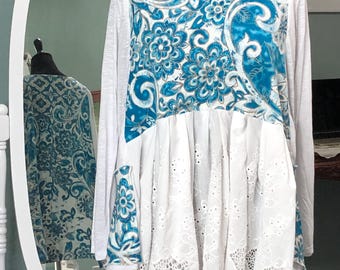 Upcycled Tee Shirt Tunic: aqua blue, white, eyelet lace, Plus Size, Two Pockets