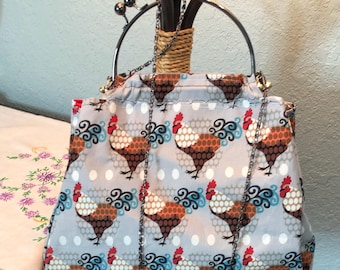 Women’s kiss lock metal frame purse: shoulder bag, cross body chain, bronze handle, roosters and red eggs, cotton fabric, handmade