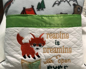 Pocket pillow embroidered child reading pillow embroidered fox zip close green satin trim outdoor camping tent fox print soft fleece