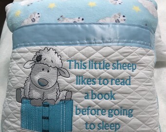 Pocket pillow embroidered child reading pillow embroidered sheep zip close blue satin trim white sheep animal print soft blue fleece
