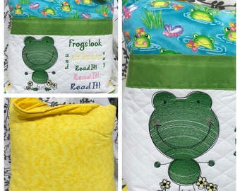 Pocket pillow reading pillow child reading pillow green frog fabric zip close green satin trim yellow flannel frog  embroidery