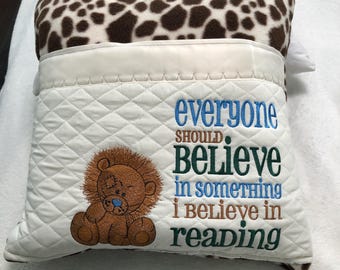 Pocket pillow embroidered child reading pillow embroidered lion zip close satin trim brown animal print soft  fleece
