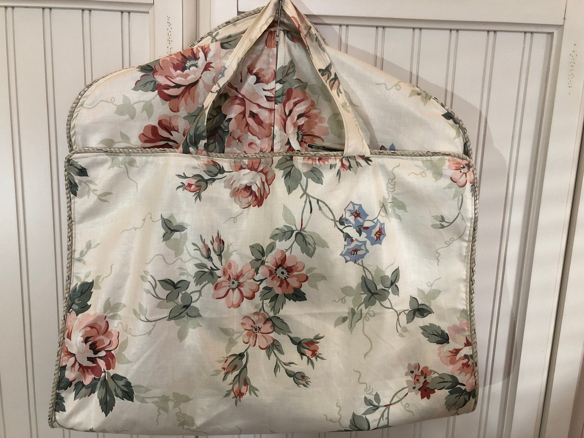 Garment bag travel set cream green pink roses upholstery fabric braided