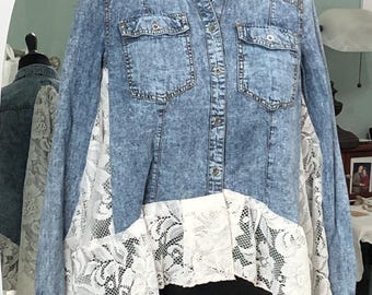 women’s blue acid wash denim lace shirt jacket wide lace sleeves messy coquette one of a kind light jacket vintage white lace ruffle plus 3X