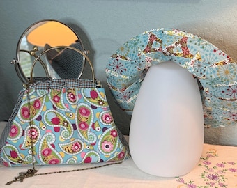 Women’s kiss lock metal frame purse & bucket hat SET: shoulder bag, cross body chain, bronze handle, blue gingham, Paris print, handmade