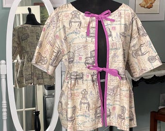Womens Paris print cotton jacket purple tie front plus size handmade peplum top cream blue Paris print haute couture furniture kimono sleeve