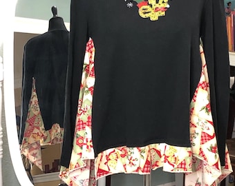 Upcycled Christmas Tunic: Candy Cane & Elf Appliqué - Women's L