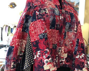 Upcycled womens quilted jacket: reversible, navy red, plus size, pleated hem