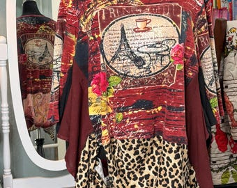 Upcycled Tunic Top: Paris Graphic Tee, Leopard Hem, Asymmetric