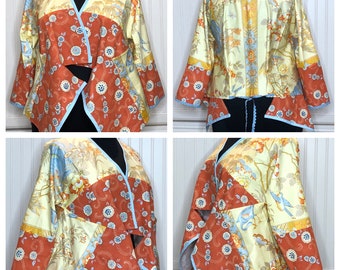 Women’s shrug jacket handmade orange blue yellow Blue bird crane flower print large pocket M to XL easy fit short shrug jacket blue trim