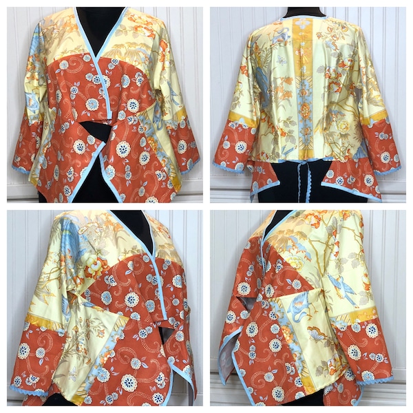 Women’s shrug jacket handmade orange blue yellow Blue bird crane flower print large pocket M to XL easy fit short shrug jacket blue trim