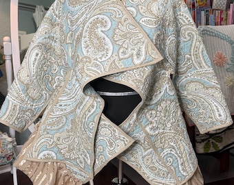 Upcycled Quilted Shrug: aqua tan paisley, Plus Size, silk ruffled hem, reversible