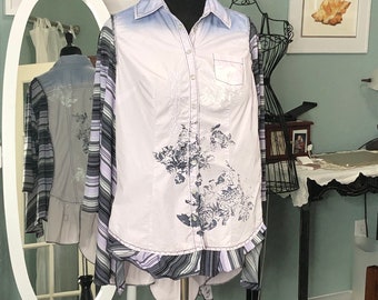 Women’s upcycled lavender tunic shirt purple striped quarter sleeve top pearl snap closure plus size ruffled hem white gray print&embroider