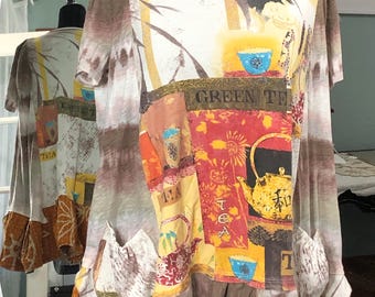 Womens taupe brown yellow orange plus size tunic rhinestone green tea graphic tee up-cycled tee pocket ruffled kantha quilt hem short sleeve