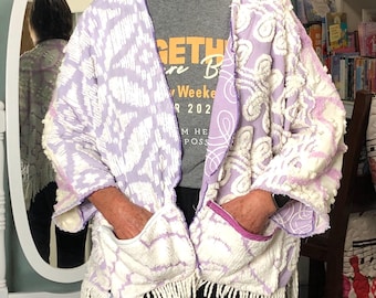 Vintage chenille kimono crop jacket; white, light purple, white fringed hem upcycled handmade plus size
