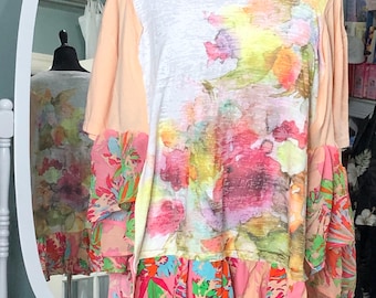 Womens  orange white flowered tee shirt tunic graphic tee upcycled plus size 2X top high low hem soft gathered sides