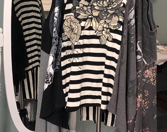 Womens tunic tee free size black white stripe gray flower print rhinestone cream flowers over size upcycled tee silver graphic skull print
