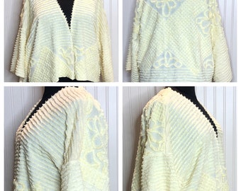 Womens Vintage chenille kimono crop jacket yellow flowers upcycled handmade plus size jacket