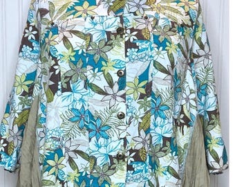 Women’s Aqua Green taupe cotton linen jacket upcycled plus size jacket taupe crinkle kimono sleeve upcycled pea green  linen ruffle