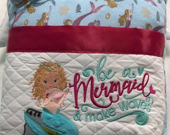 Pocket pillow embroidered child reading pillow embroidered aqua tail mermaid zip close pink satin trim mermaid print soft blue flannel