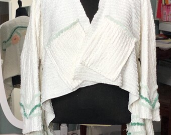 Womens Vintage chenille crop jacket white flowered handmade plus size jacket frenchfold zero waste style