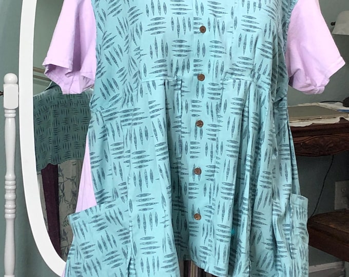 Featured listing image: Upcycled Aqua Tunic Top: Pleated Skirt, Pink Tee Sleeves, Plus Size