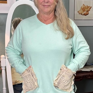 Womens sweet shirt: upcycled plus size vintage lace linens trimmed top aqua green split hem