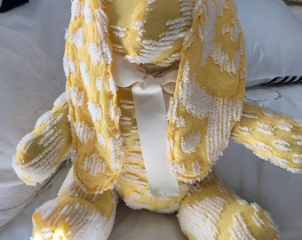 stuffed bunny rabbit bright yellow white vintage chenille bunny handmade Childs gift embroidered grosgrain ribbon tie Dotty the Easter bunny