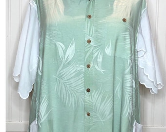 Women’s button front tunic lime cream silk tropical leaf print white vintage embroidered lace sleeves pockets plus size upcycled shirt OOAK