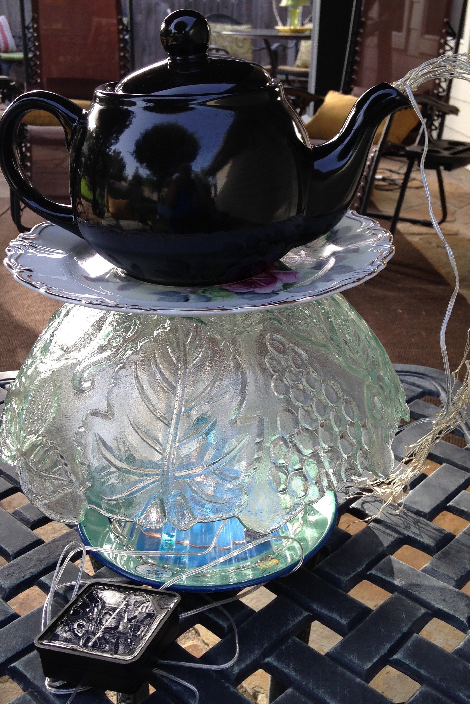 Yard art lighted teapot tower teapot table center piece etched glass