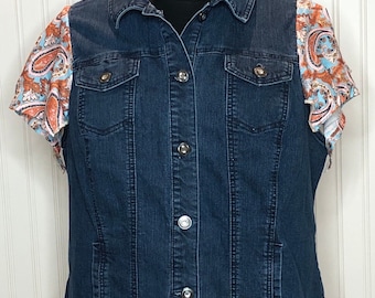 Women’s denim duster jacket blue orange paisley boho long vest hanky sleeves plus size upcycled denim jacket pockets high low hemline