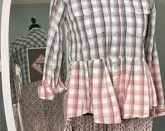 women’s upcycled orange peach blue plaid shirt tunic  cotton pleated shirt rodeo appliqué back pearl snap born to be wild