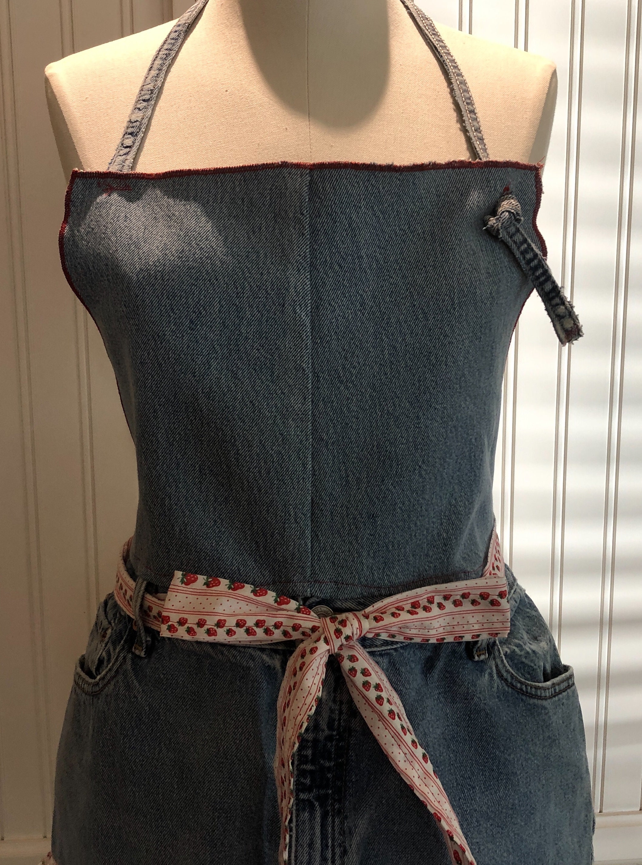 Denim full apron women's denim apron dress Strawberry ties denim neck