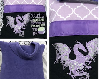 Pocket pillow embroidered dragon gift for child purple reading pillow reading quote purple satin trim lavender white print purple fleece