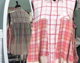 women’s upcycled peach pink plaid shirt tunic cotton flannel pleated shirt rodeo  wear plus size bleach fade upcycled