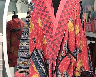 Upcycled kantha Quilted Hooded coat: red black gold Robe, Plus Size, flower print. Large pockets